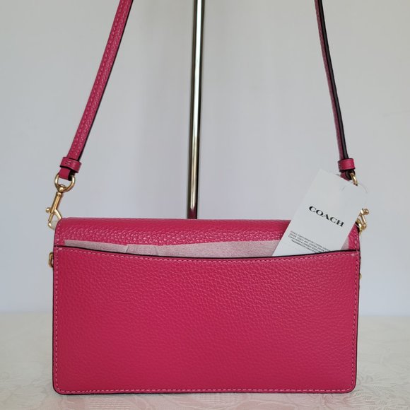 COACH Anna Pebbled Leather Foldover Clutch Crossbody With Chain- Bold Pink🎈$158 - Picture 6 of 16